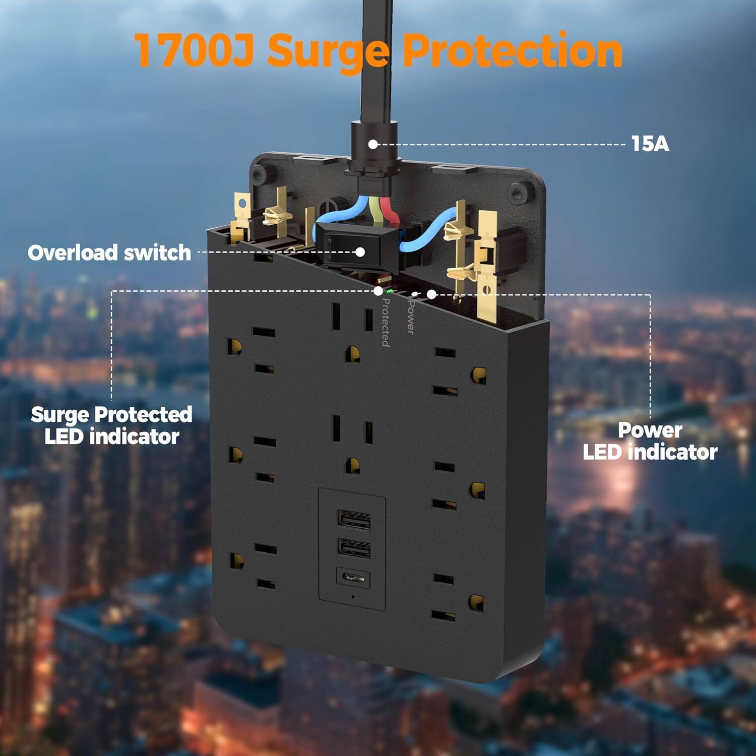 1700J Surge Protection  
15A  
Overload switch  
Surge Protected LED indicator  
Power LED indicator