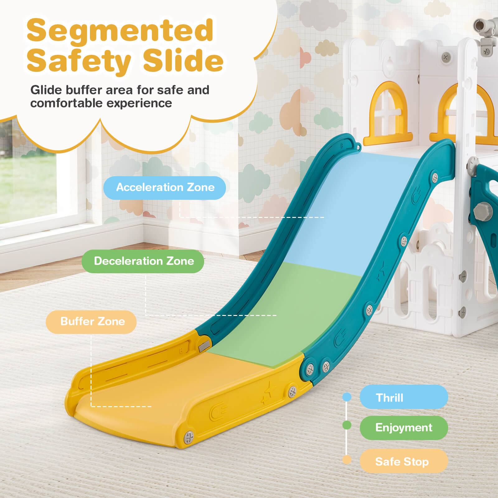 Segmented Safety Slide  
Glide buffer area for safe and comfortable experience  

Acceleration Zone  
Deceleration Zone  
Buffer Zone  

Thrill  
Enjoyment  
Safe Stop