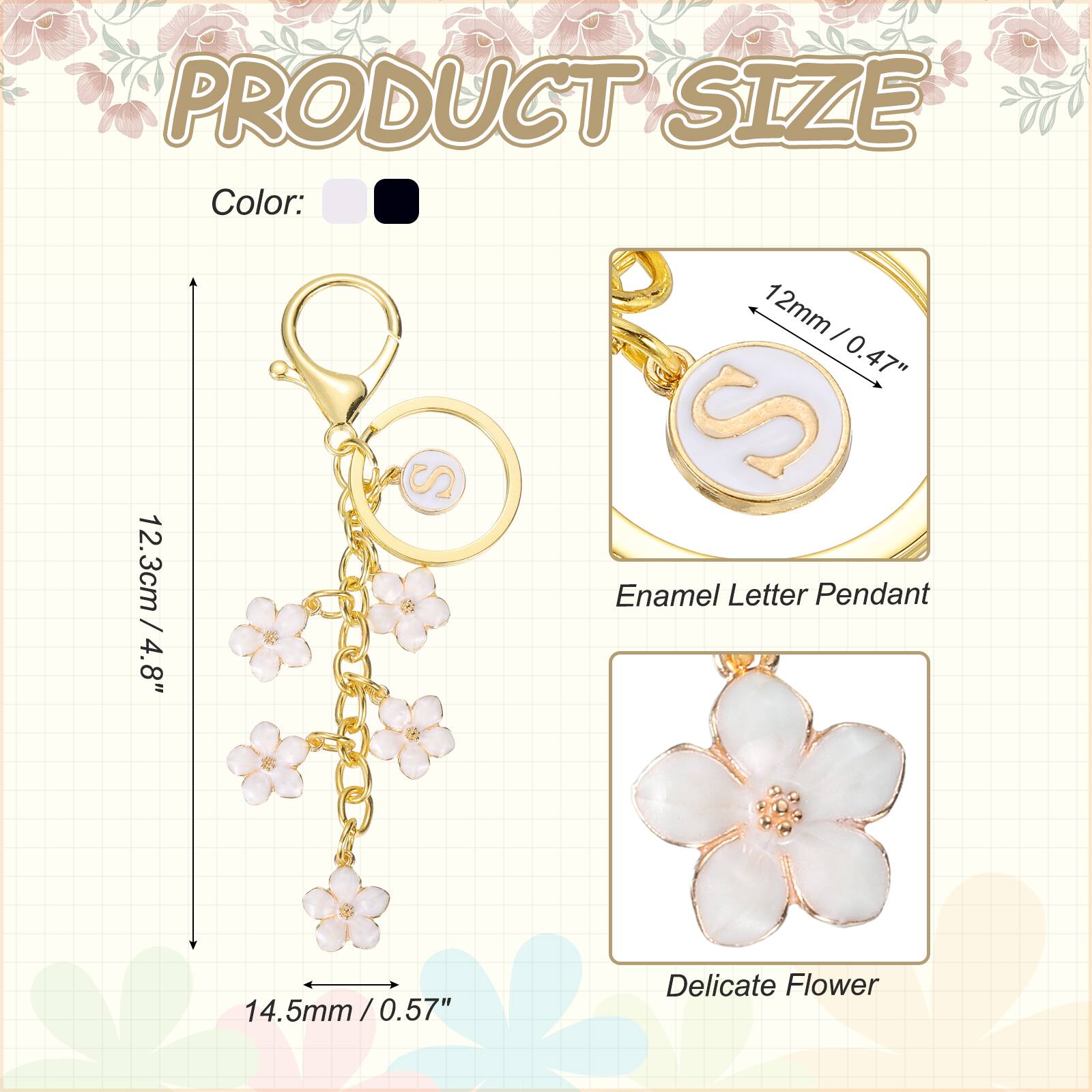 PRODUCT SIZE

Color: 12.3cm / 4.8"  
12mm / 0.47" S  
Enamel Letter Pendant  
14.5mm / 0.57"  
Delicate Flower