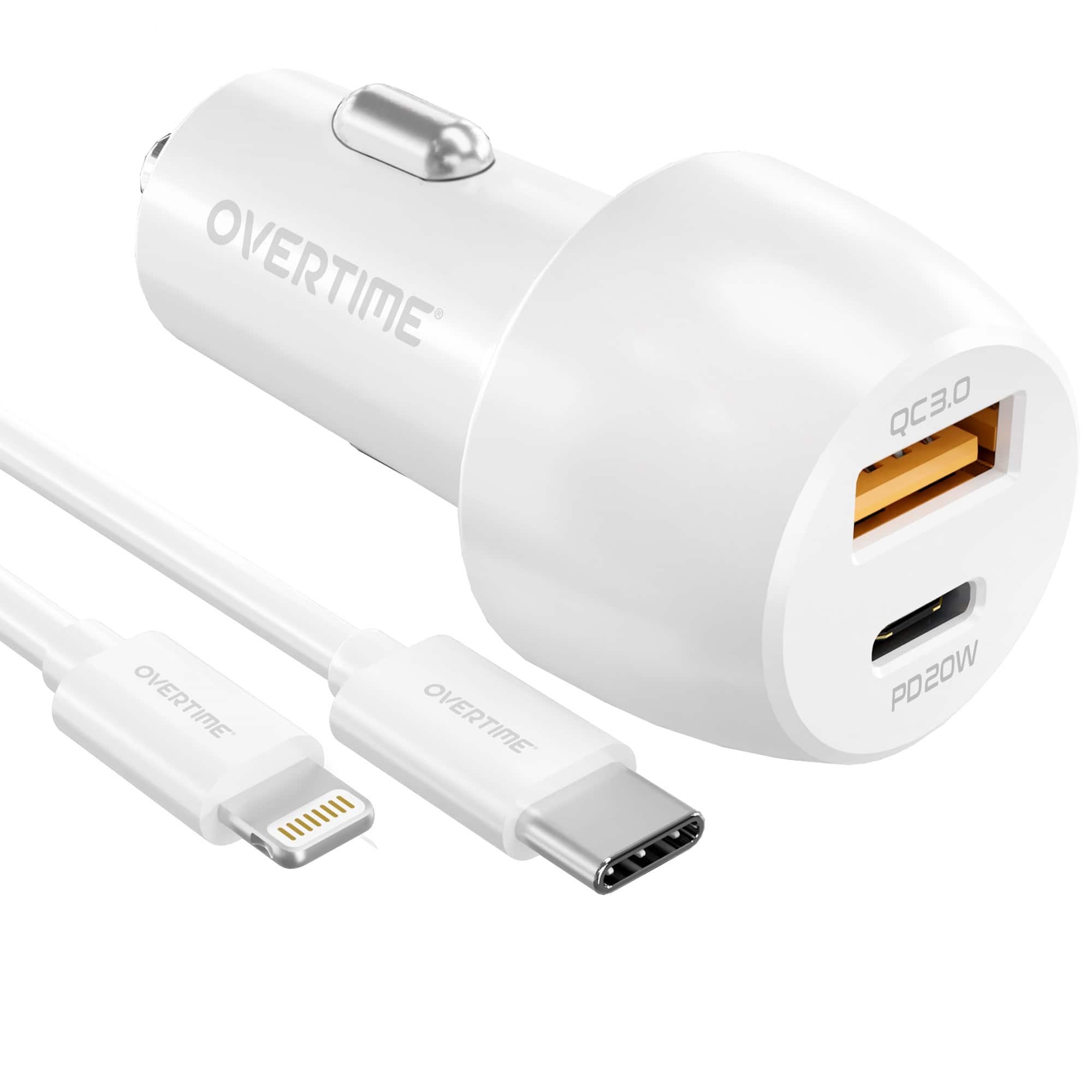 Overtime - 38W Dual Port Car Charger with PD 20W USB-C and QC 18W USB-A, Apple MFI Lightning to USB-C 6ft Cable, White - White