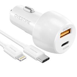 Overtime - 38W Dual Port Car Charger with PD 20W USB-C and QC 18W USB-A, Apple MFI Lightning to USB-C 6ft Cable, White - White
