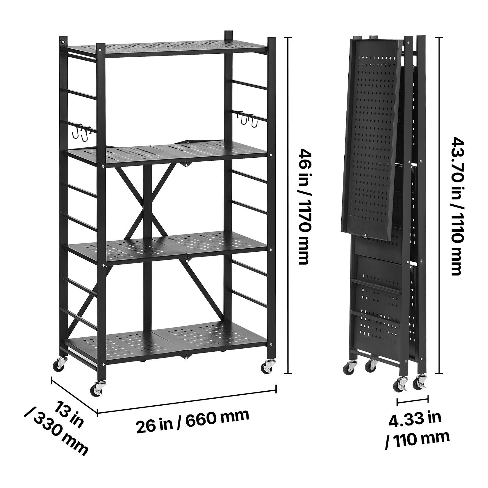 46 in/1170 mm, 43.70 in/1110 mm, 13 in/330 mm, 26 in/660 mm, 4.33 in/110 mm