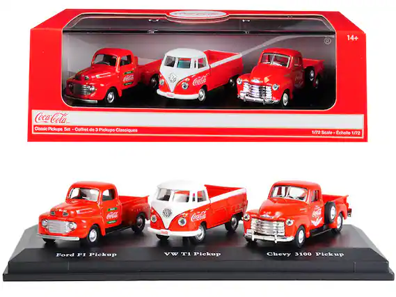 Coca-Cola Classic Pickups Set
Coffret de 3 Pickups Classiques
1/72 Scale - Échelle 1/72
Ford F1 Pickup
VW T1 Pickup
Chevy 3100 Pickup
14+