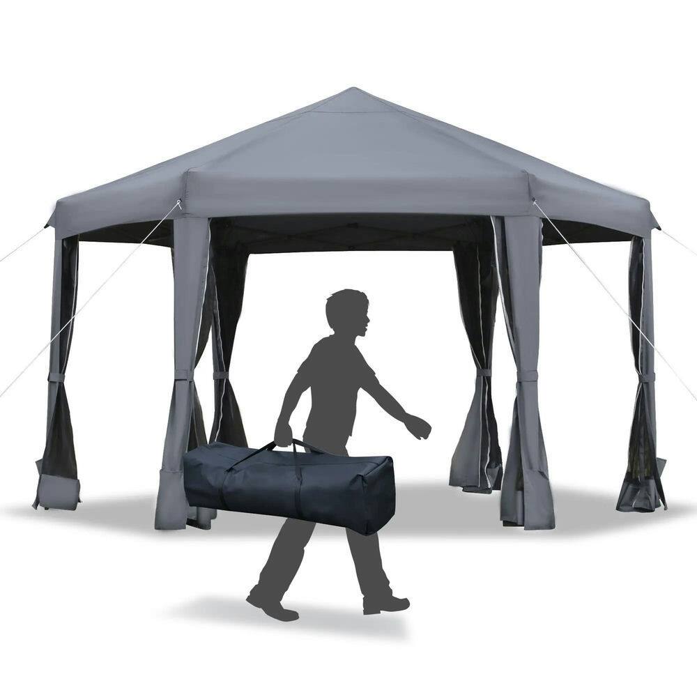 Alt View 7. Spaco - Spaco 13' x 11' Hexagonal Pop Up Gazebo,6 Sidewall Netting,Adjustable Height - Dark Grey.