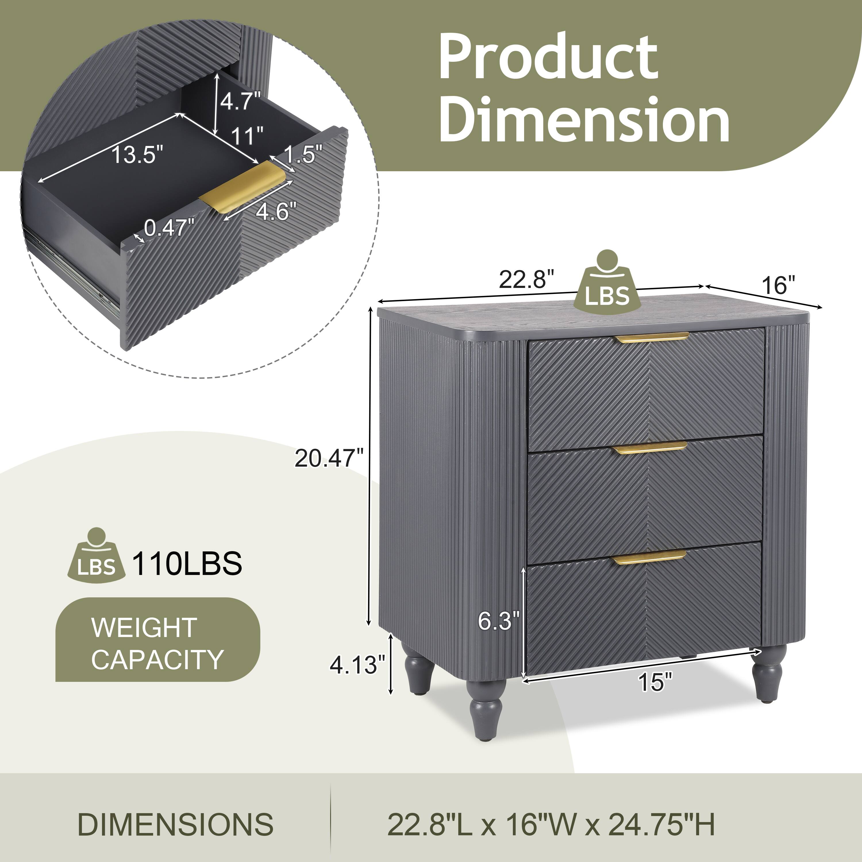 13.5" 4.7" 11" 1.5" Product Dimension 0.47" 4.6" 22.8" LBS 16" 20.47" LBS 110LBS WEIGHT CAPACITY 4.13" 6.3" 15" DIMENSIONS 22.8"L X 16"W X 24.75"H