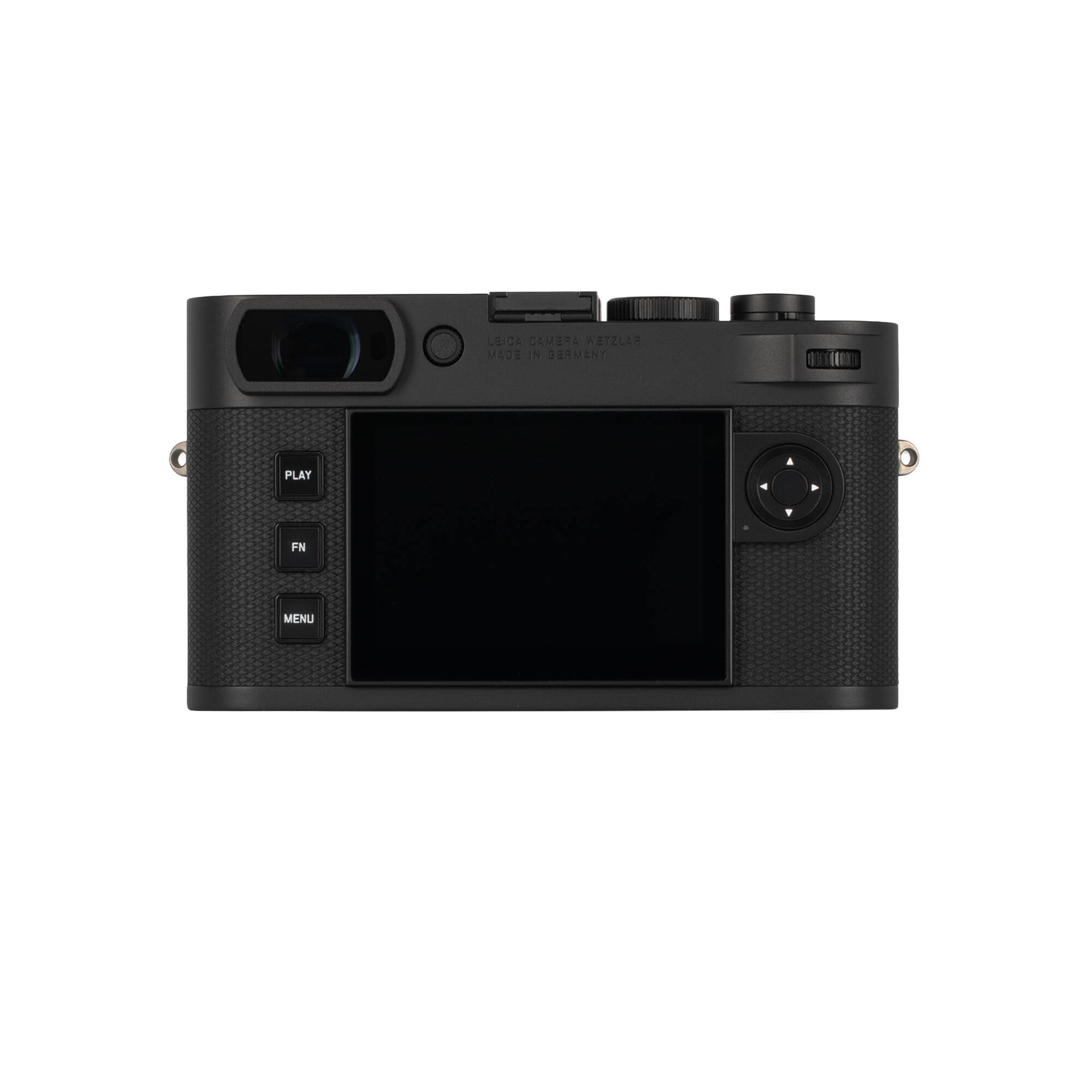 The text on the image reads:

"LEICA D-LUX
MADE IN GERMANY

PLAY
FN
MENU"