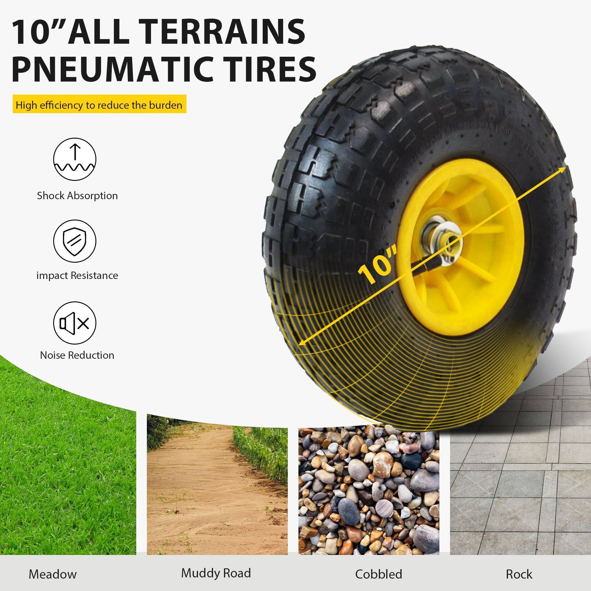 10" ALL TERRAINS PNEUMATIC TIRES

High efficiency to reduce the burden

- Shock Absorption
- Impact Resistance
- Noise Reduction

Meadow
Muddy Road
Cobbled
Rock