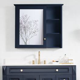 WELLFOR - 34 in. W x 30 in. H Rectangular Solid Wood Frame Surface Mount Medicine Cabinet with Mirror and Soft Close Door - Navy Blue