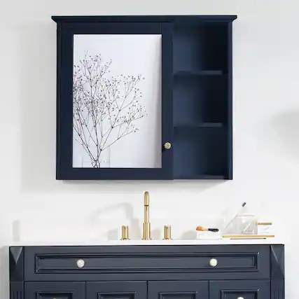 Front. WELLFOR - 34 in. W x 30 in. H Rectangular Solid Wood Frame Surface Mount Medicine Cabinet with Mirror and Soft Close Door - Navy Blue.
