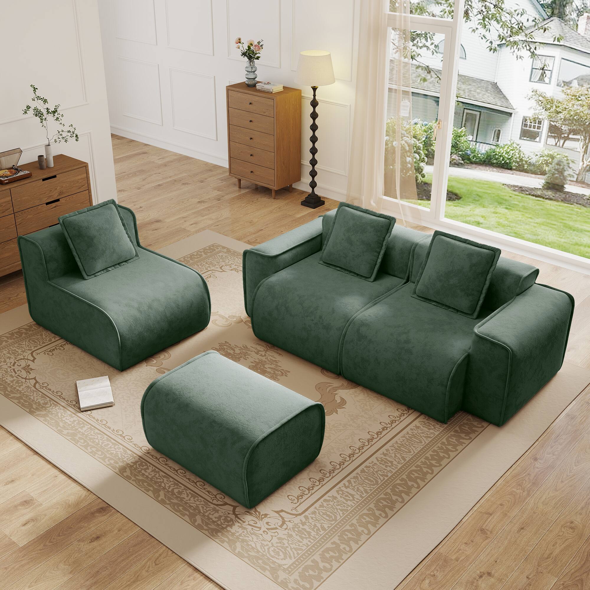 Angle. Anysun - Streamlined L-Shape Velvet Sectional Sofa - 3-Seat Boneless Design, No Assembly, Includes Pillows & Ottoman - Green.