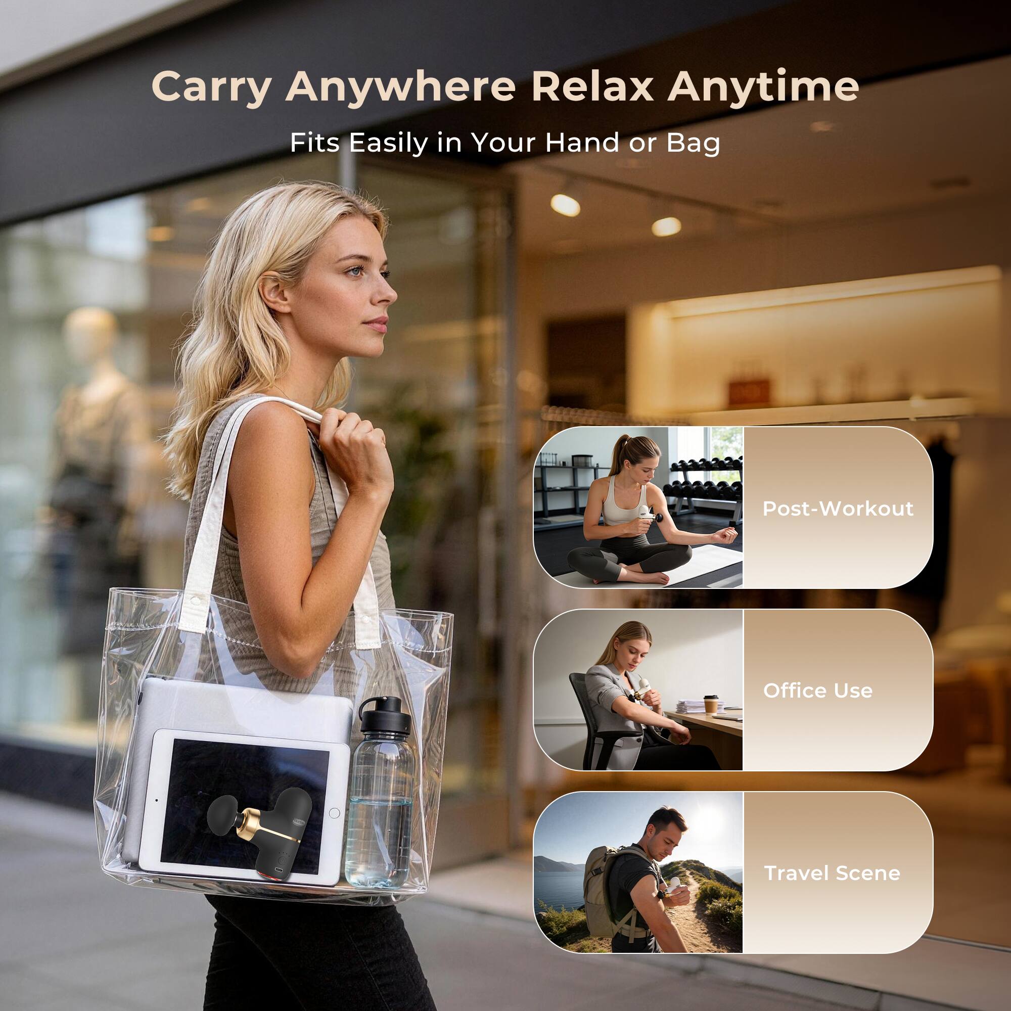Carry Anywhere Relax Anytime  
Fits Easily in Your Hand or Bag  

Post-Workout  
Office Use  
Travel Scene