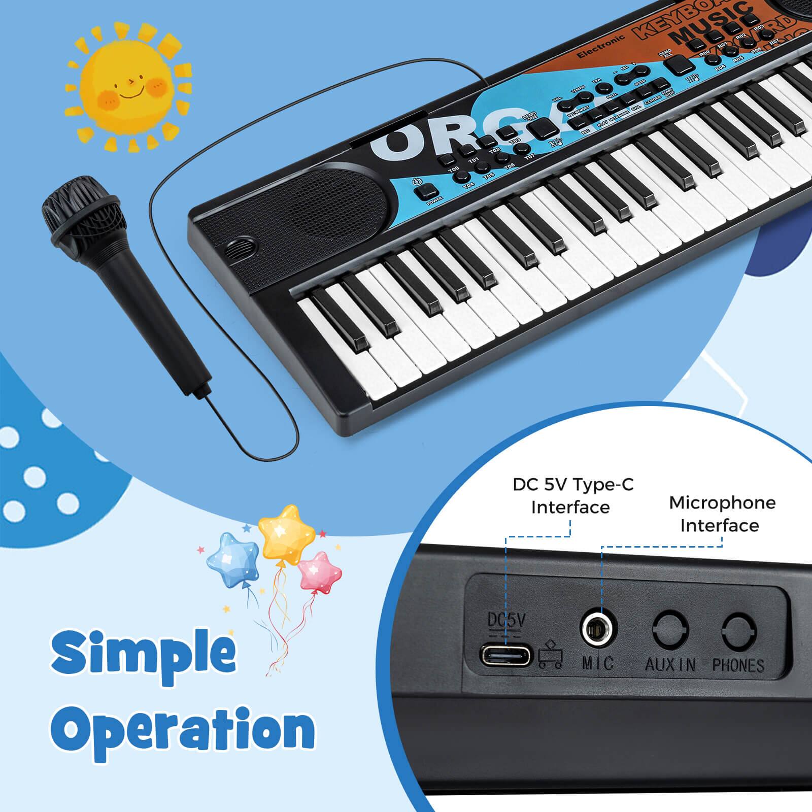 KEYBOARD  
Electronic Music  
ORG

Simple Operation

DC 5V Type-C Interface  
Microphone Interface

DC5V  
MIC  
AUX IN  
PHONES