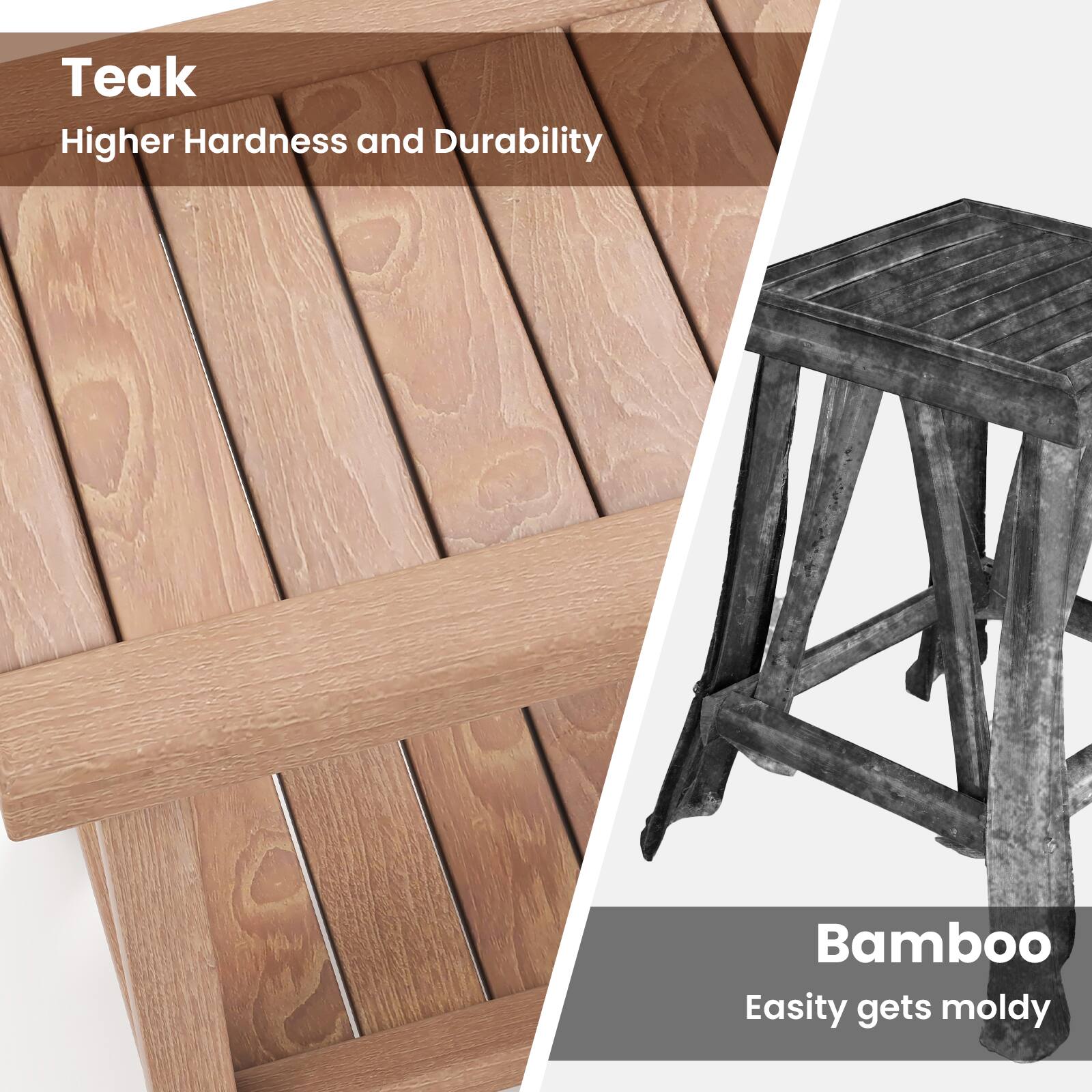 Teak: Higher Hardness and Durability
Bamboo: Easily Gets Moldy