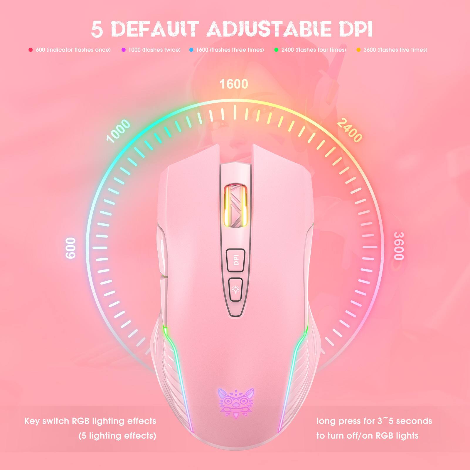 5 DEFAULT ADJUSTABLE DPI

- 500 (indicator flashes once)
- 1000 (flashes twice)
- 1600 (flashes three times)
- 2400 (flashes four times)
- 3600 (flashes five times)

Key switch RGB lighting effects (5 lighting effects)

long press for 3~5 seconds to turn off/on RGB lights