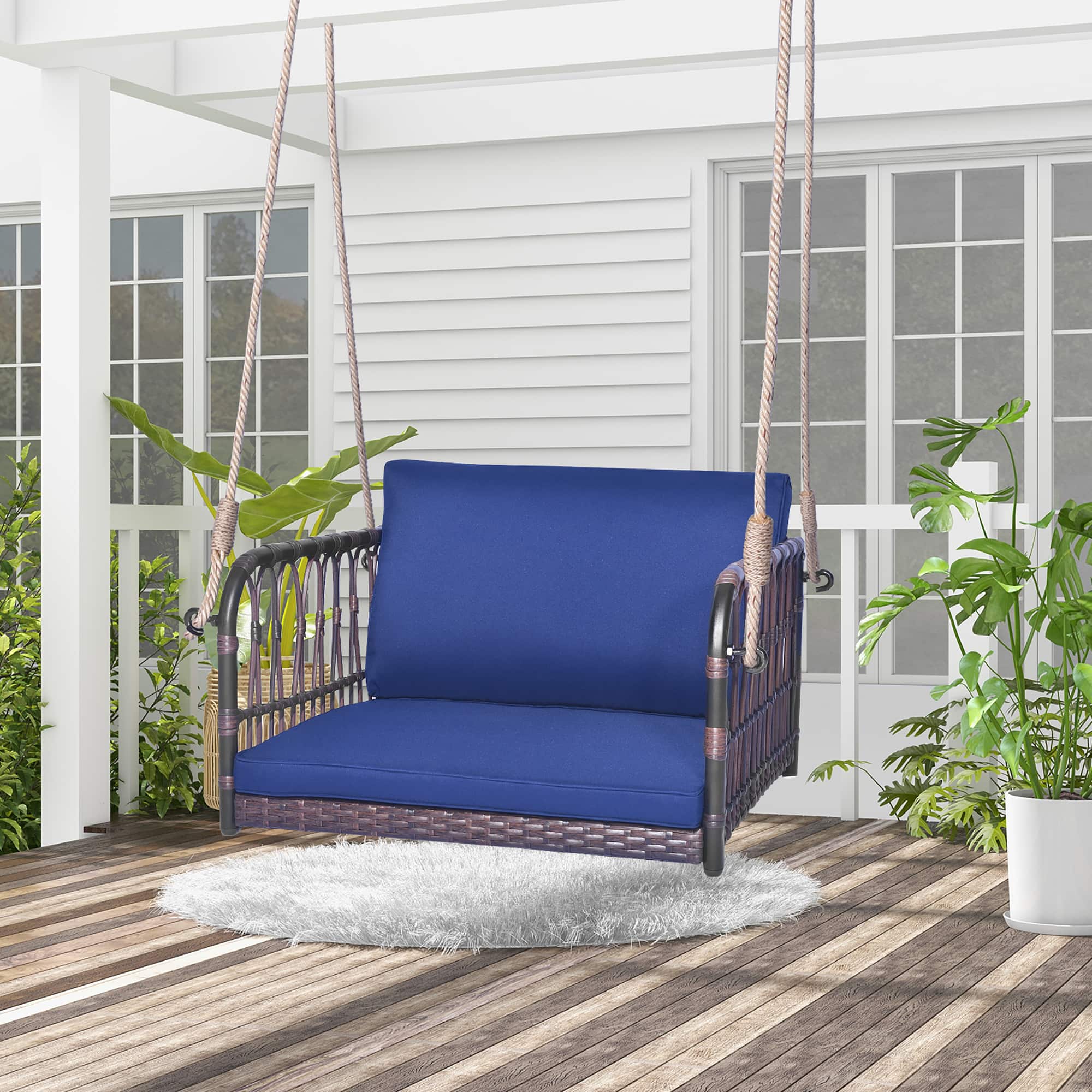 Gymax - Patio Rattan Porch Swing Single Person Hanging Seat w/ Seat & Back Cushions Backyard - Mix Brown, Navy price history on PriceWatchPro
