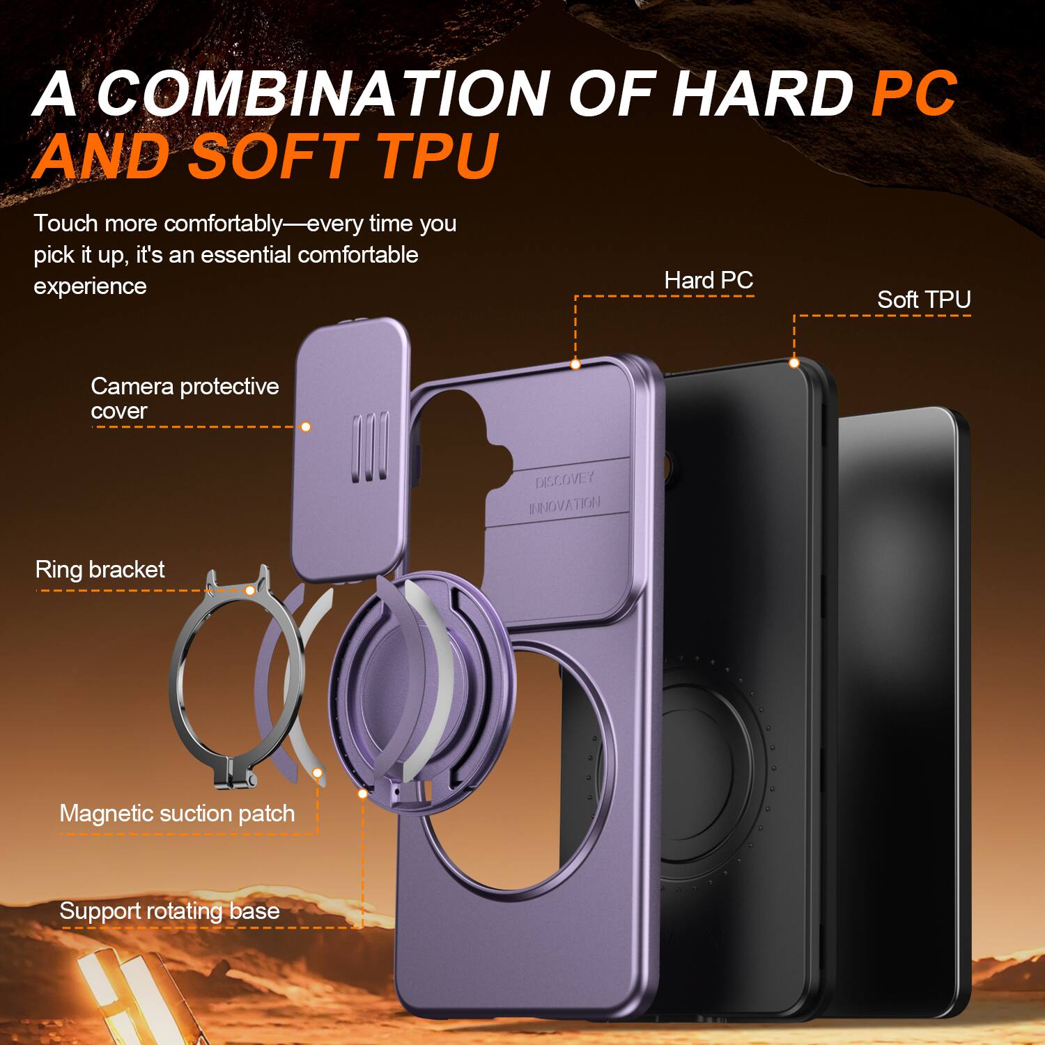 A COMBINATION OF HARD PC AND SOFT TPU

Touch more comfortably—every time you pick it up, it's an essential comfortable experience

Camera protective cover
Ring bracket
Magnetic suction patch
Support rotating base

Hard PC
Soft TPU