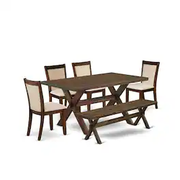 East West Furniture - 6-Piece Dining Room Set Consists of a Rectangular Table and a Wooden Bench with 4 Light Beige Linen - Multi-Color