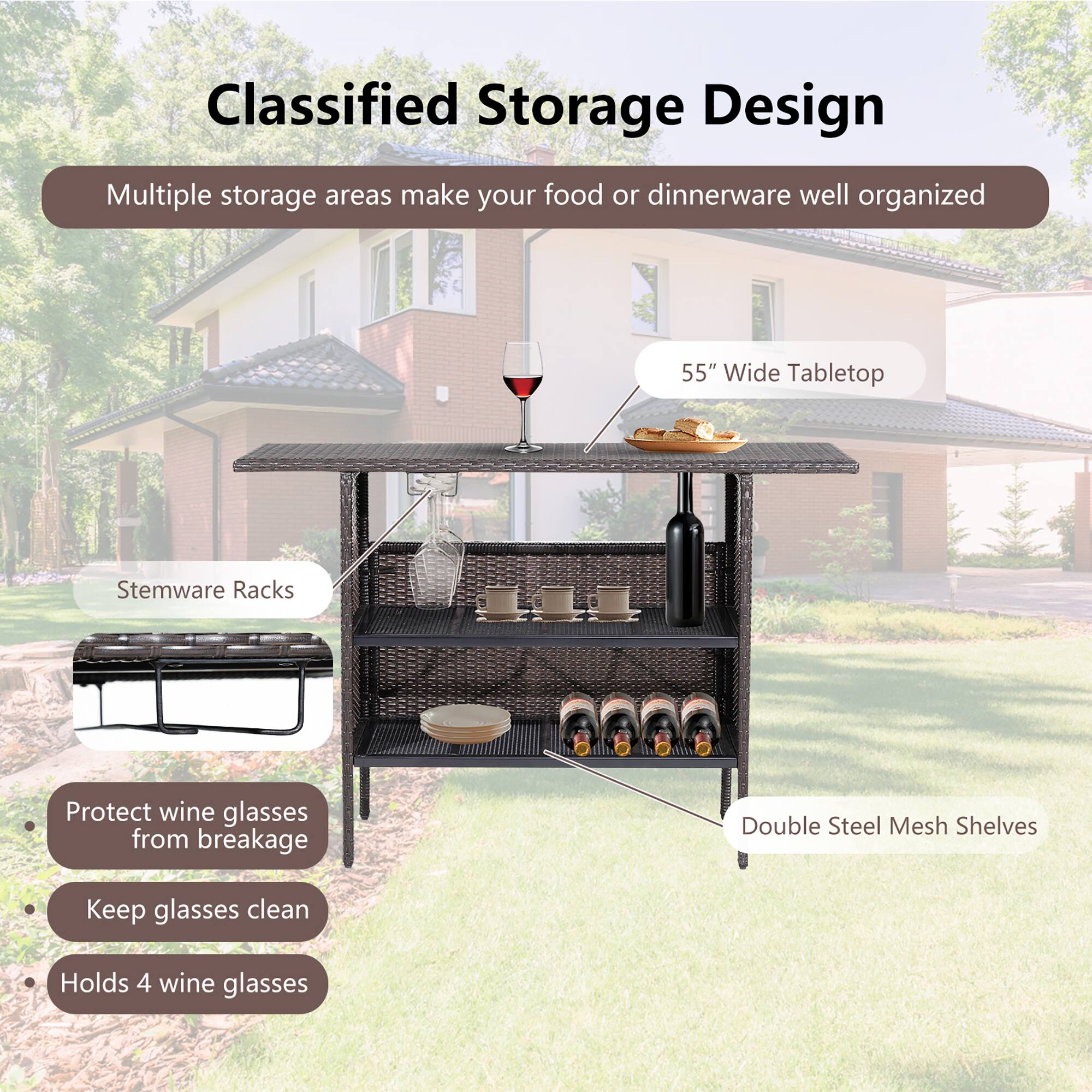 Classified Storage Design

Multiple storage areas make your food or dinnerware well organized

55" Wide Tabletop

Stemware Racks
- Protect wine glasses from breakage
- Keep glasses clean
- Holds 4 wine glasses

Double Steel Mesh Shelves