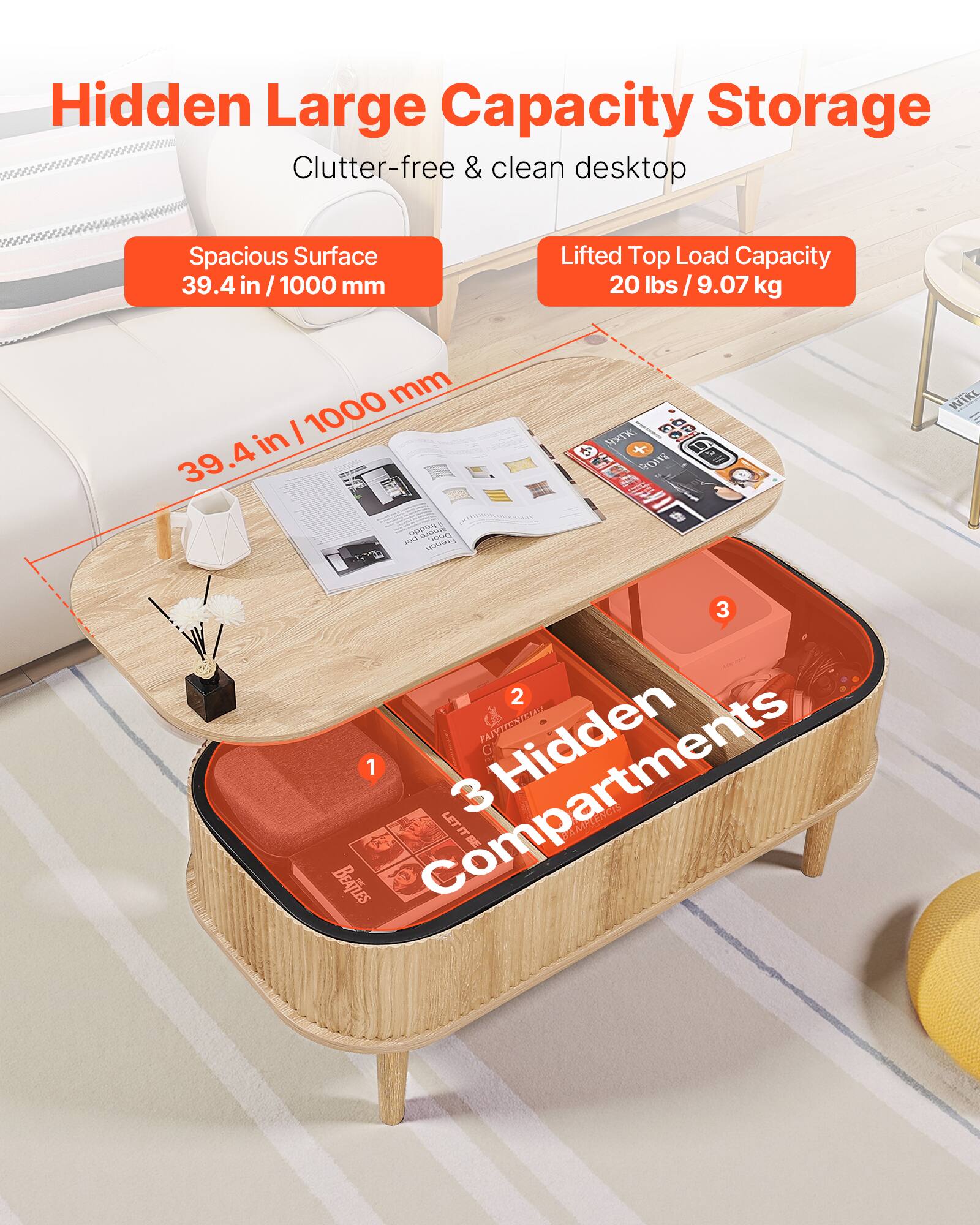 Hidden Large Capacity Storage  
Clutter-free & clean desktop  

Spacious Surface  
39.4 in / 1000 mm  

Lifted Top Load Capacity  
20 lbs / 9.07 kg  

3 Hidden Compartments