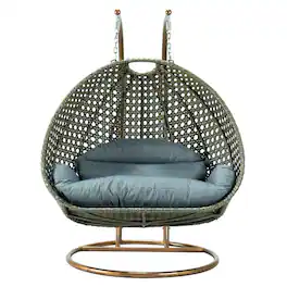 LeisureMod - 2-Person Wicker Egg Swing Chair with Stand & Washable Cushions - Indoor/Outdoor Double Hanging Patio Chair - Charcoal Blue