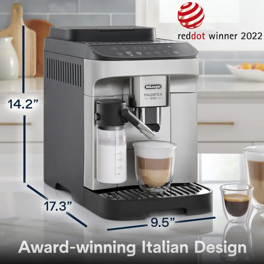 The text on the image reads "reddot winner 2022 DLonghi 14.2" MAGNIFICA EVD 2  re c . 2 -  - 17.3" 9.5" Award-winning Italian Design."