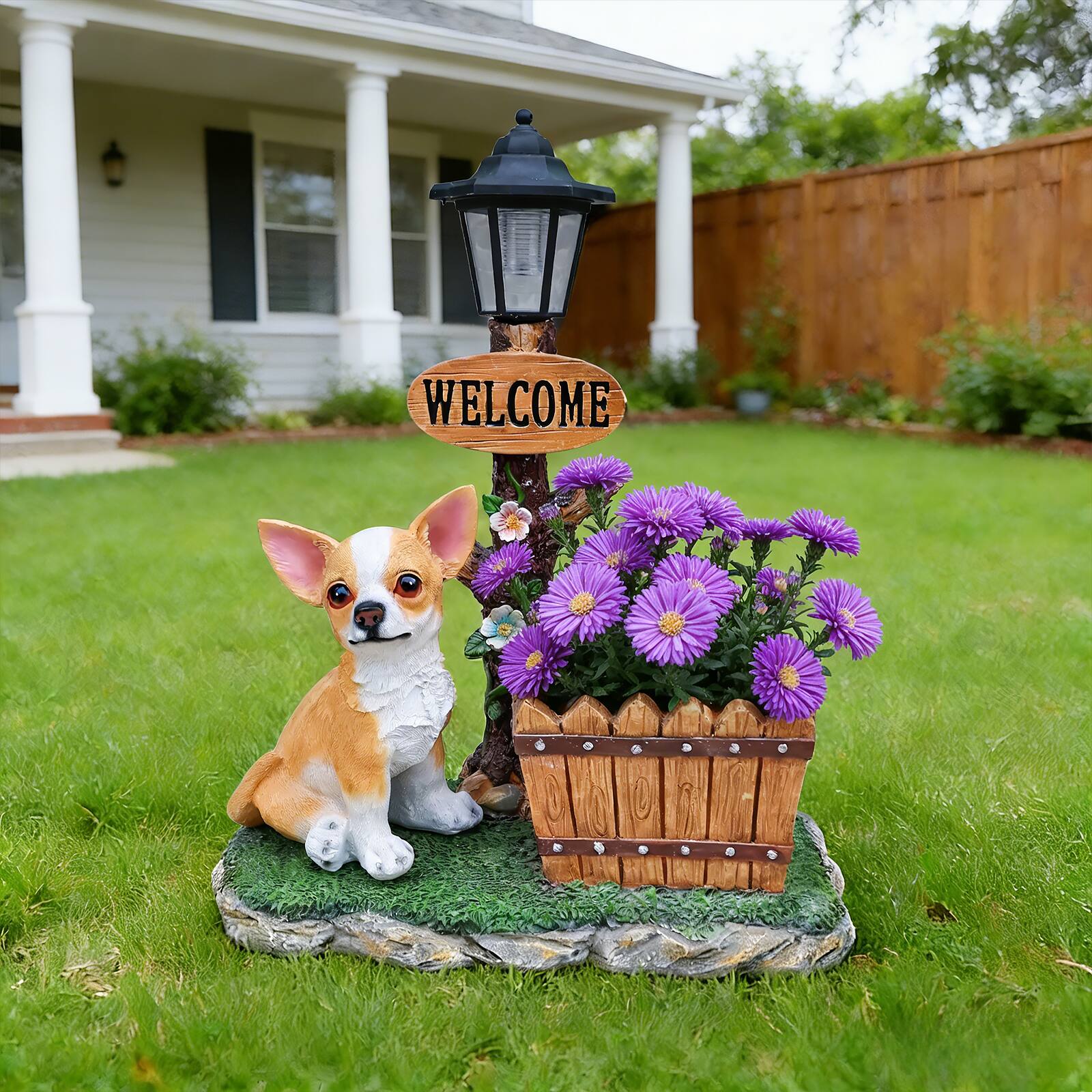 Left. Anysun - Sitting Chihuahua Dog Planter Statue – Cute Indoor/Outdoor Garden Decor with Built‑In Flower Pot, Weather‑Resistant - Brown.