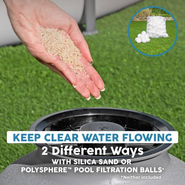 KEEP CLEAR WATER FLOWING 2 Different ways WITH SILICA SAND OR TM POLYSPHERE POOL FILTRATION BALLS* *Neither included