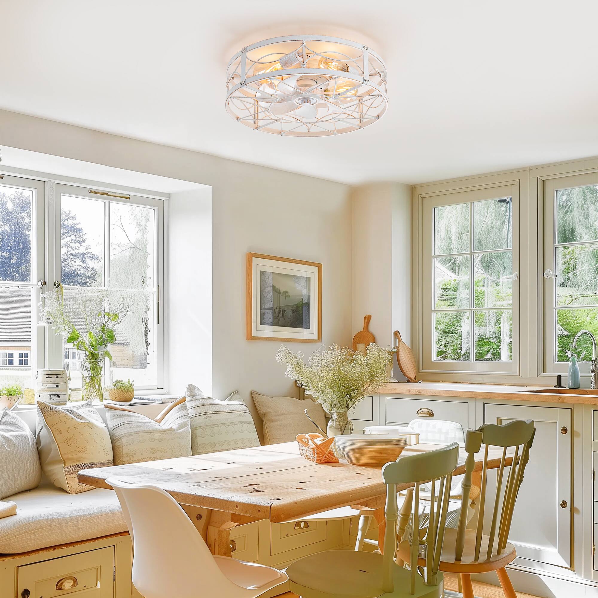 Left. Breezary - 20" Enclosed Cage Small Ceiling Fan with LED Light, Remote, 7 ABS Blades, 6 Speeds, Flush Mount, E26 Compatible - Distressed White and Gold.