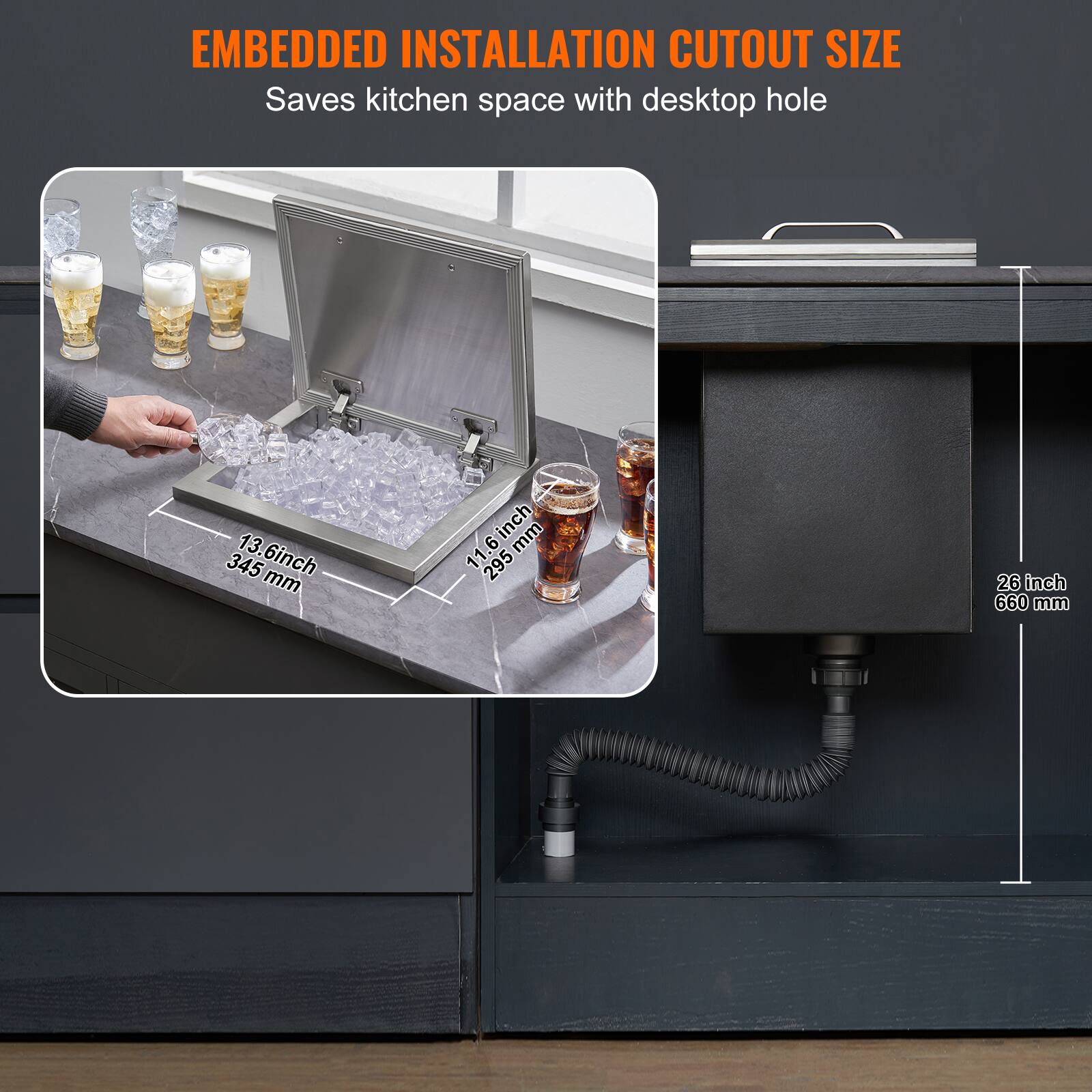 EMBEDDED INSTALLATION CUTOUT SIZE  
Saves kitchen space with desktop hole  

13.6 inch  
345 mm  

11.6 inch  
295 mm  

26 inch  
660 mm