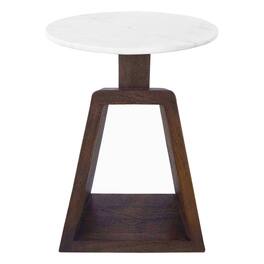 Manhattan Lane - Port Blair Side End Table, Round White Genuine Marble Top with Handcrafted Mango Wood - Brown, White