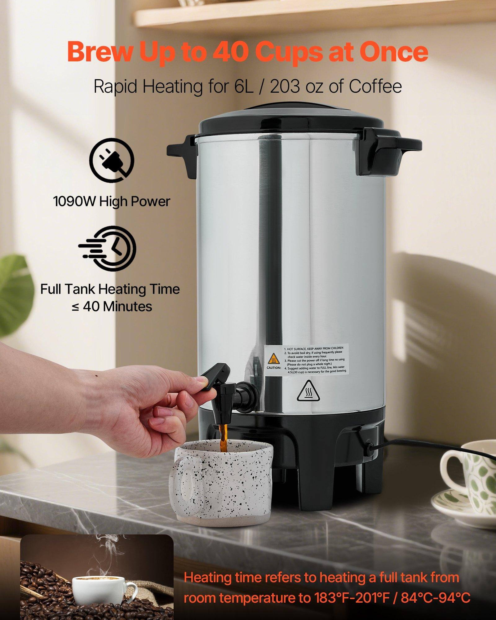 Brew Up to 40 Cups at Once

Rapid Heating for 6L / 203 oz of Coffee

1090W High Power

Full Tank Heating Time ≤ 40 Minutes

Heating time refers to heating a full tank from room temperature to 183°F-201°F / 84°C-94°C

CAUTION:
1. Not suitable for use by children.
2. To avoid mold, clean the water tank frequently.
3. Check the water level every time you use it.
4. Please do not plug it in when not in use.
5. 4.5L water is necessary for good brewing.

Heating time refers to heating a full tank from room temperature to 183°F-201°F / 84°C-94°C
