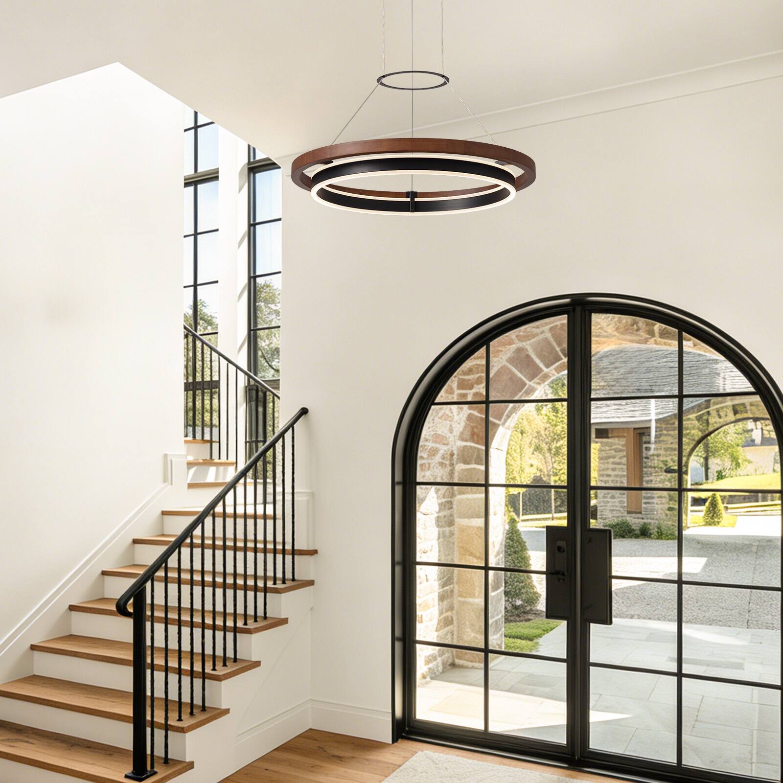 Alt View 1. Siljoy - 23.6 Inch Double Ring LED Pendant Light, Modern Wood Grain Nordic Chandelier for Living Room Dining Bedroom - Brown.