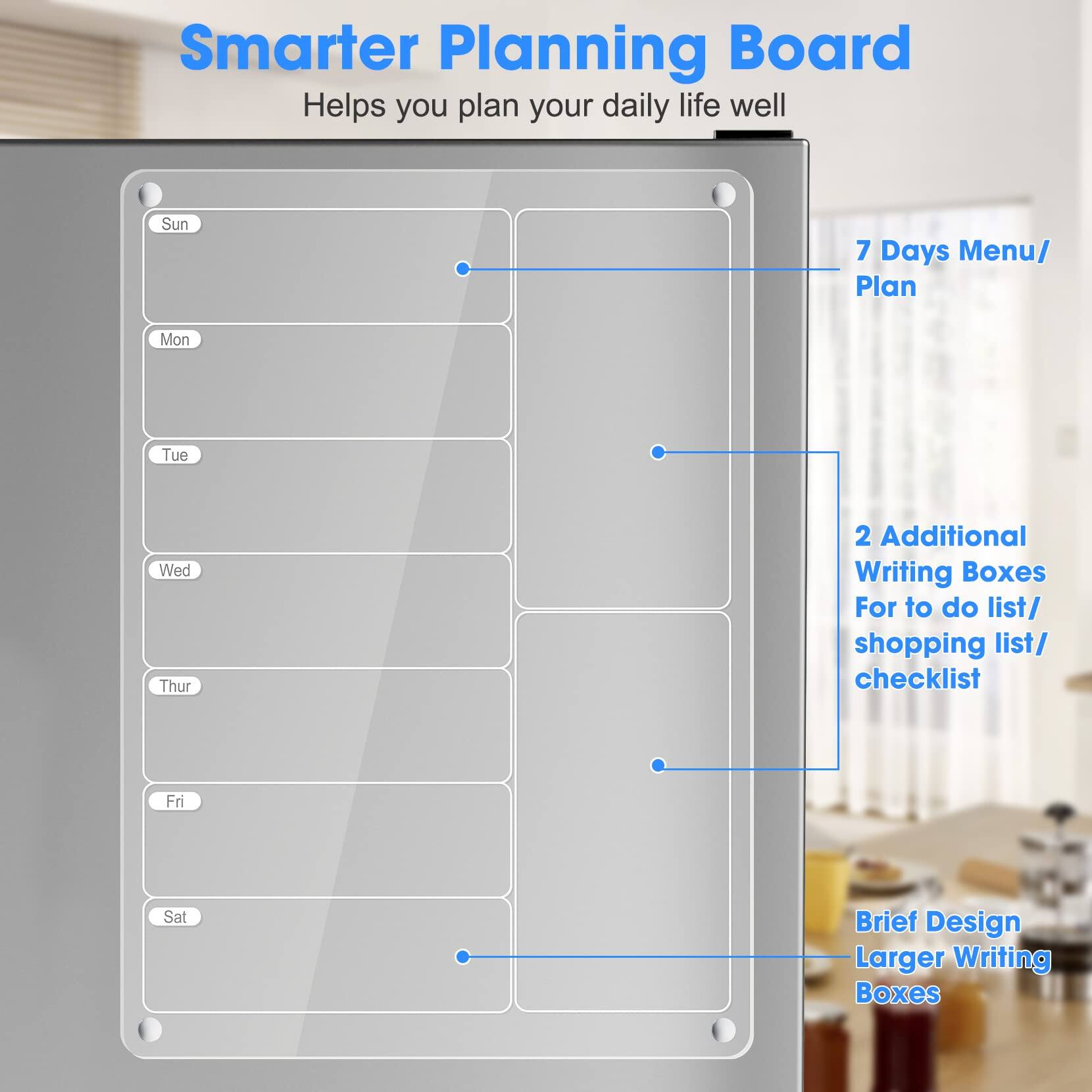 Smarter Planning Board  
Helps you plan your daily life well  

7 Days Menu/ Plan  
2 Additional Writing Boxes For to do list/ shopping list/ checklist  
Brief Design Larger Writing Boxes