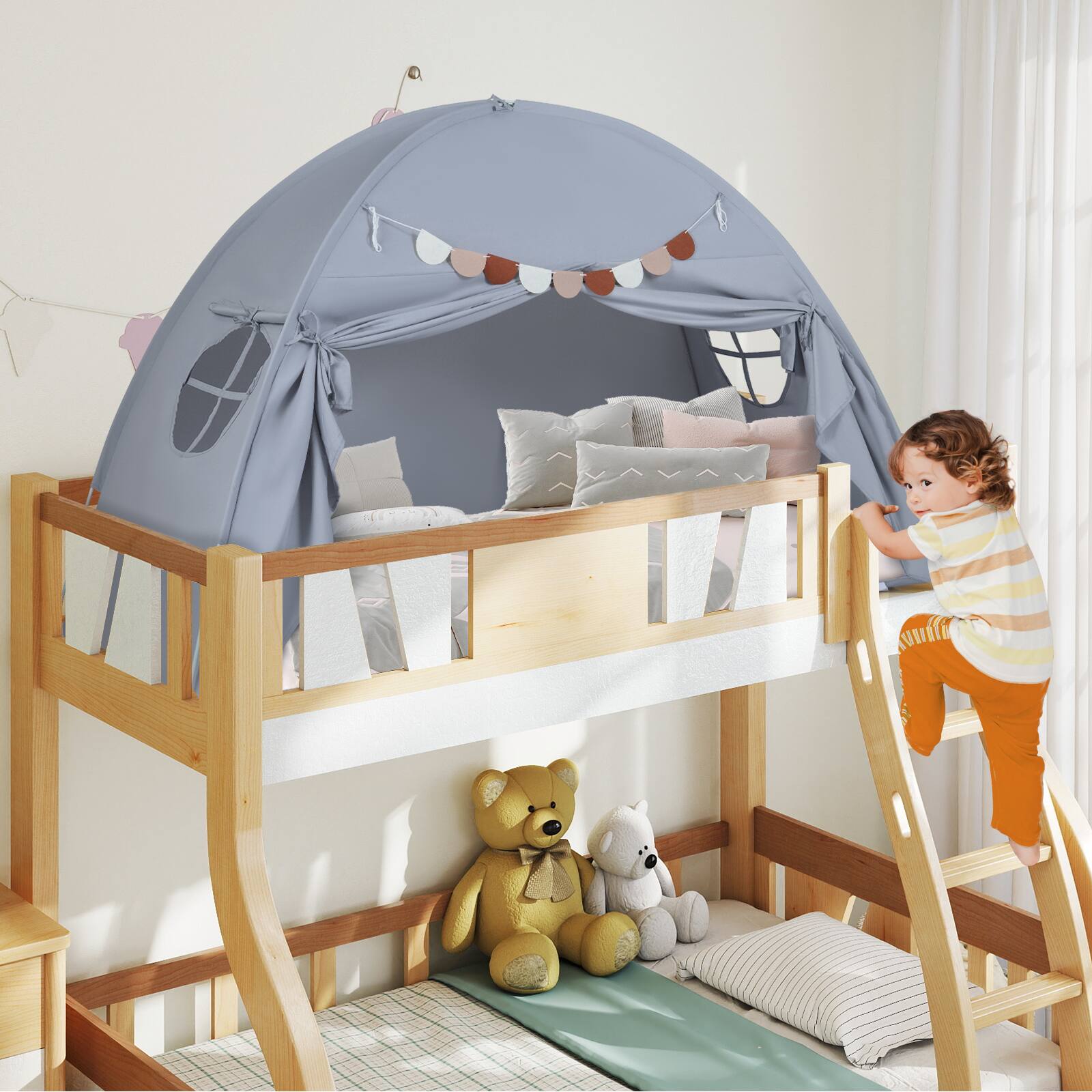 Alt View 3. Gymax - Gymax Twin Full Size Bed Tent w/2 Windows Flags for Boys & Girls Aged 3+ Years Old Grey - Grey.