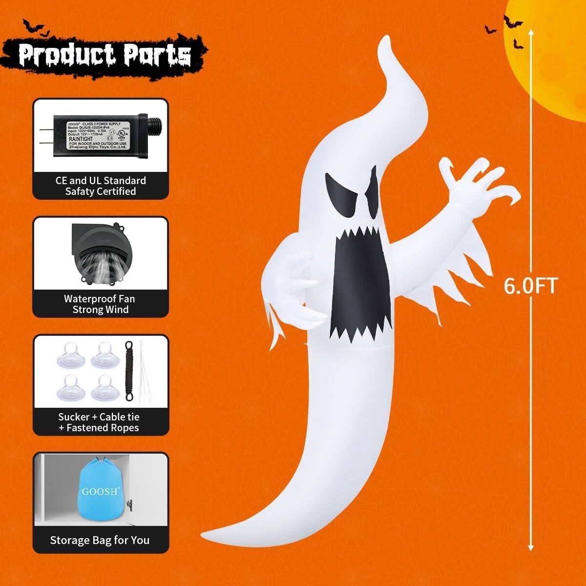 Product Parts - UAE

- CE and UL Standard Safety Certified Waterproof Fan Strong Wind
- 6.0FT Sucker + Cable tie + Fastened Ropes
- GOOSH Storage Bag for You
