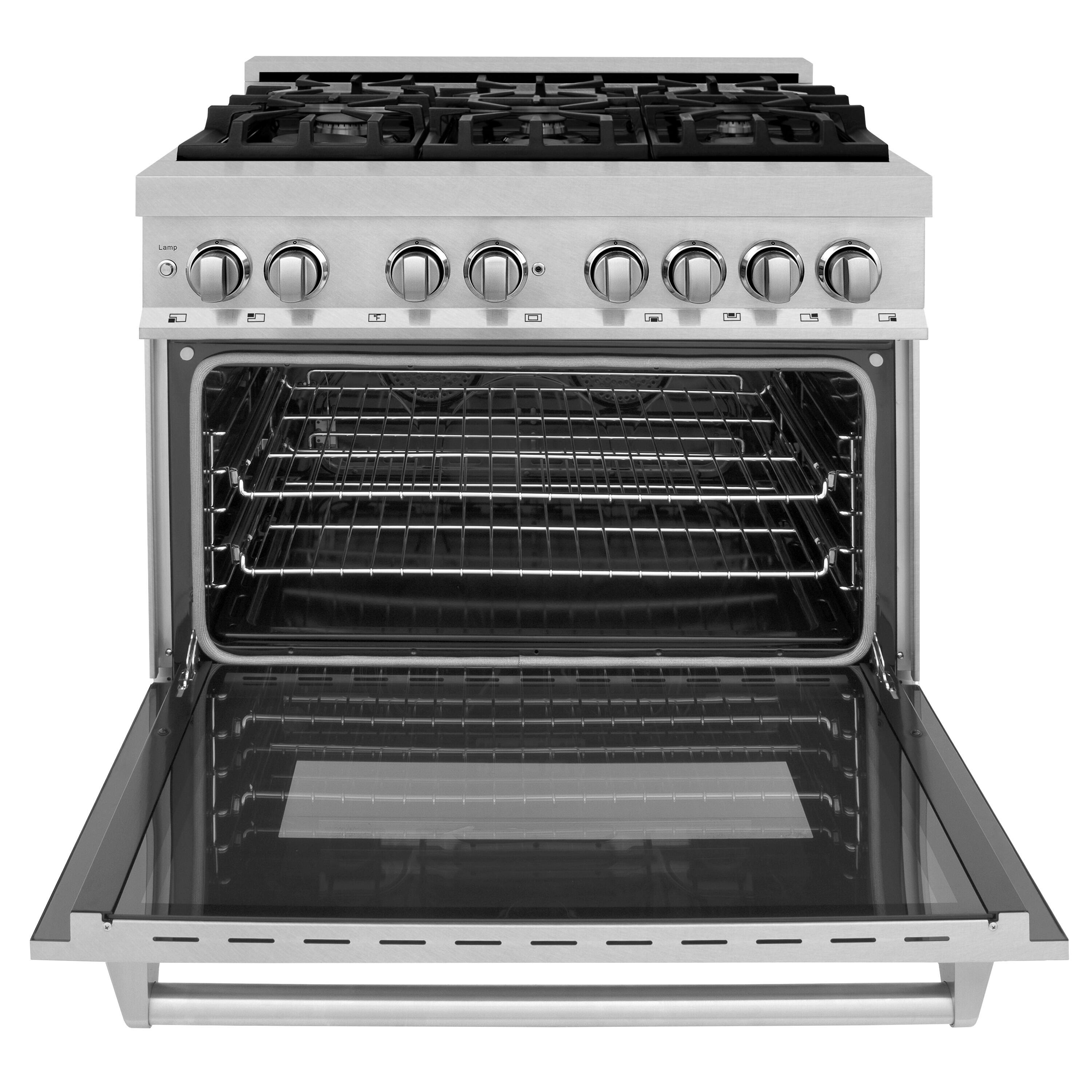 Angle. ZLINE - 36 in. 4.6 cu. ft. Freestanding Legacy Dual Fuel Range with 6 Burner Gas Cooktop and Electric Oven in Satin Steel - Stainless Steel.