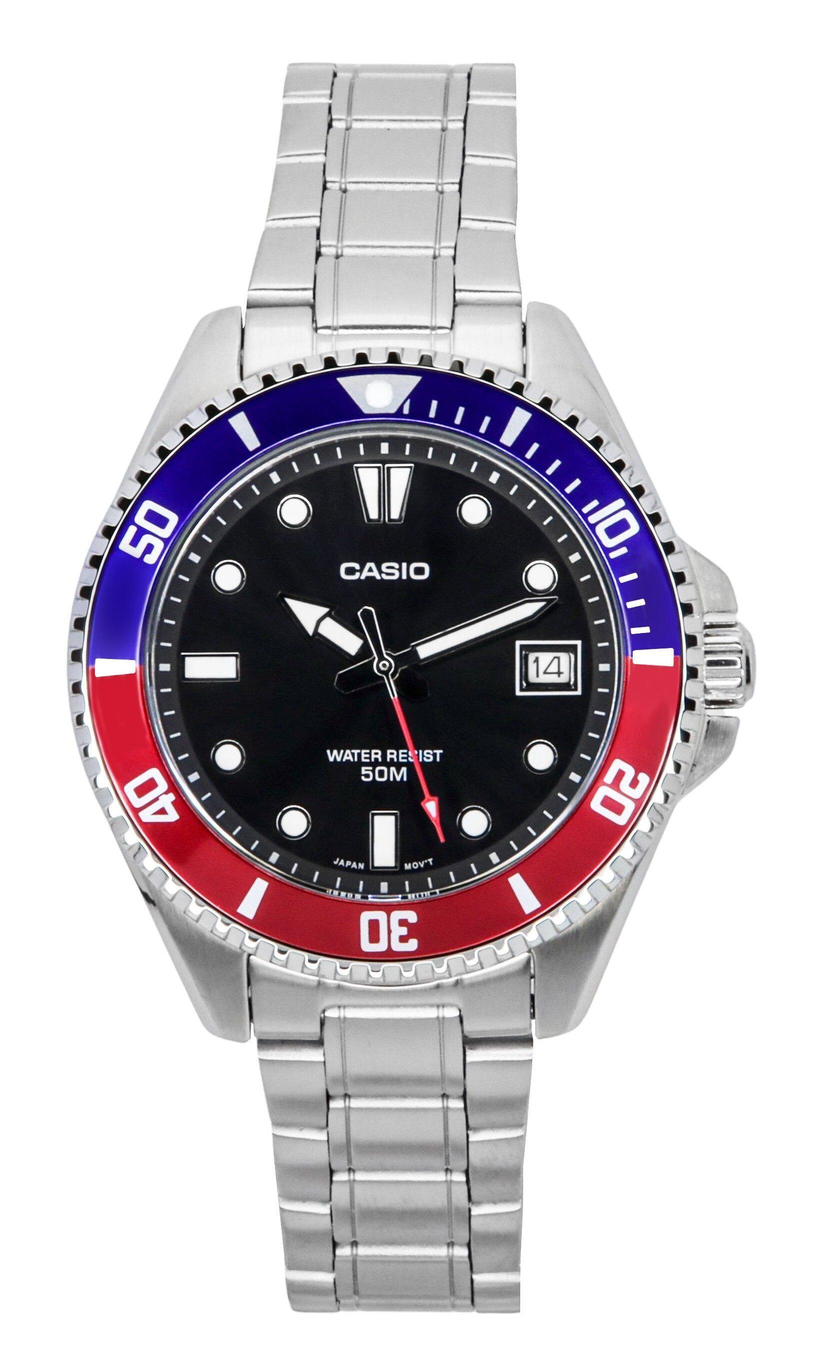 Casio - Standard Analog Quartz MDV-10D-1A3 Pepsi Bezel Stainless Steel Black Dial Men's Watch 50M - Silver