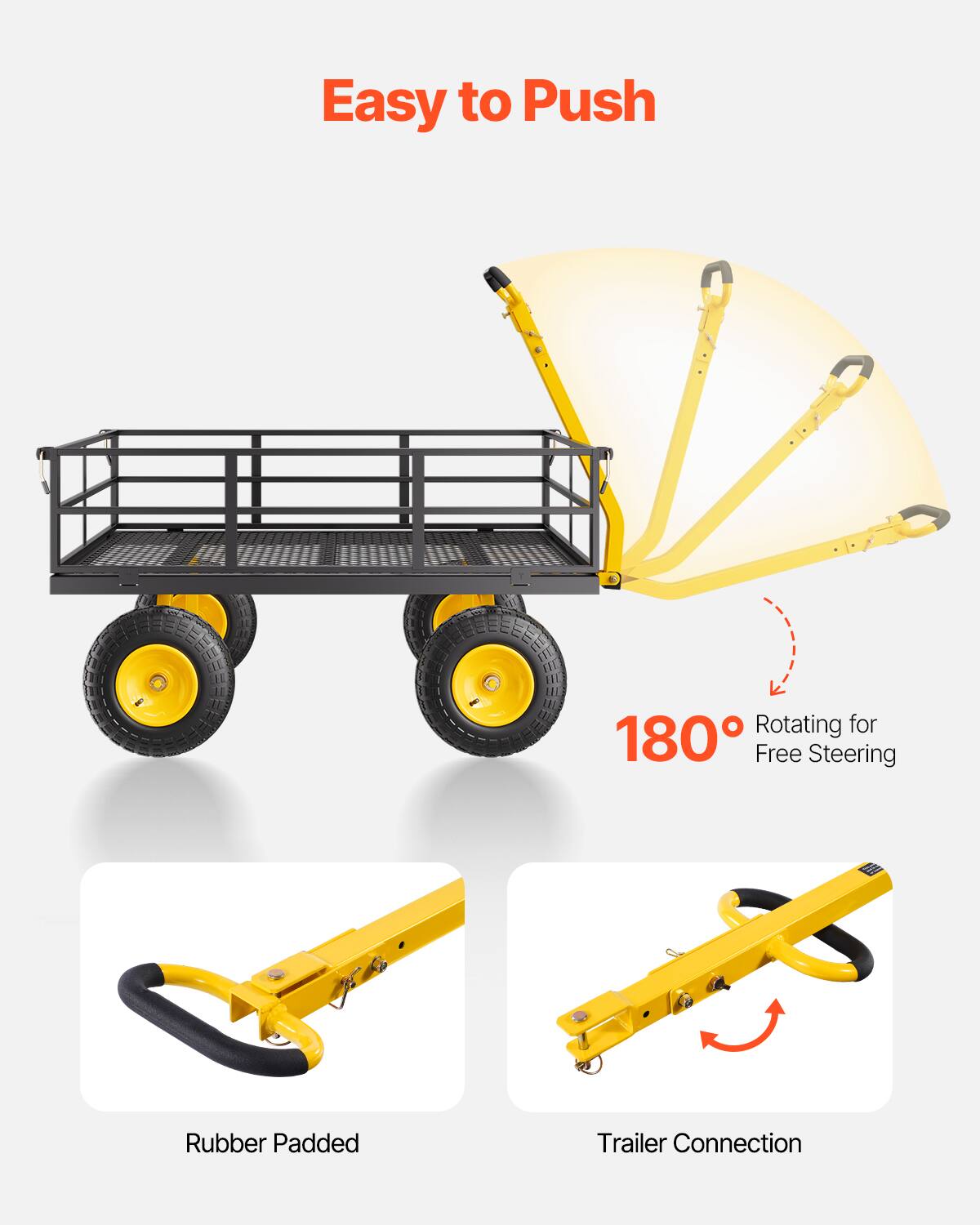 Easy to Push, Rotating for 180° Free Steering, Rubber Padded, Trailer Connection