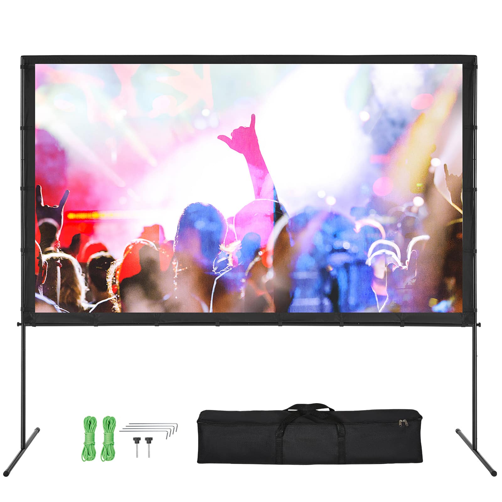 Front. VEVOR - Projector Screen with Stand, 100 inch 16:9 4K 1080 HD Outdoor Movie Screen with Stand, Wrinkle-Free Projection Screen - Black.