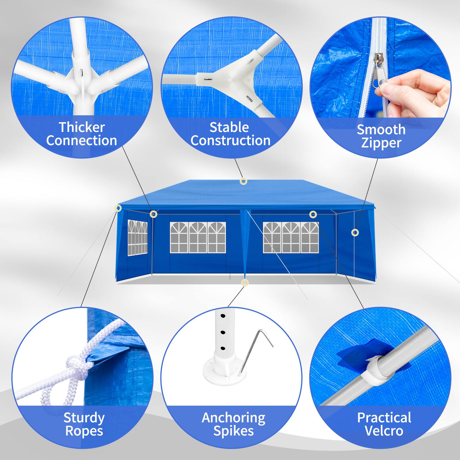 Thicker Connection  
Stable Construction  
Smooth Zipper  
Sturdy Ropes  
Anchoring Spikes  
Practical Velcro