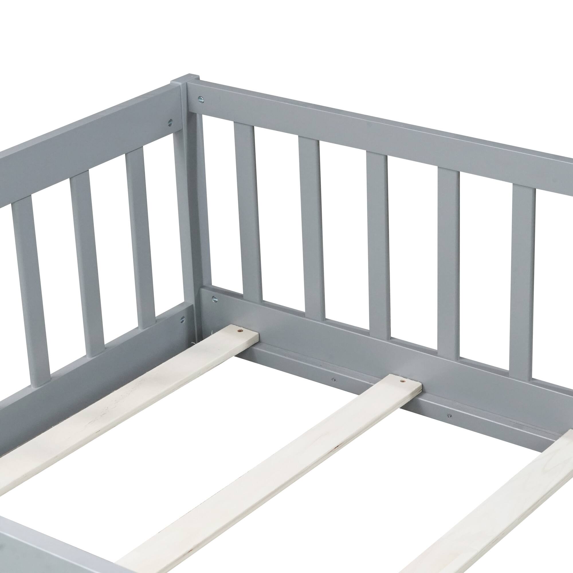 Alt View 10. GOODSILO - Twin Size Low-Profile Children's Floor Bed with Safety Guardrails and Entry Door, Natural Wood Finish - Grey.