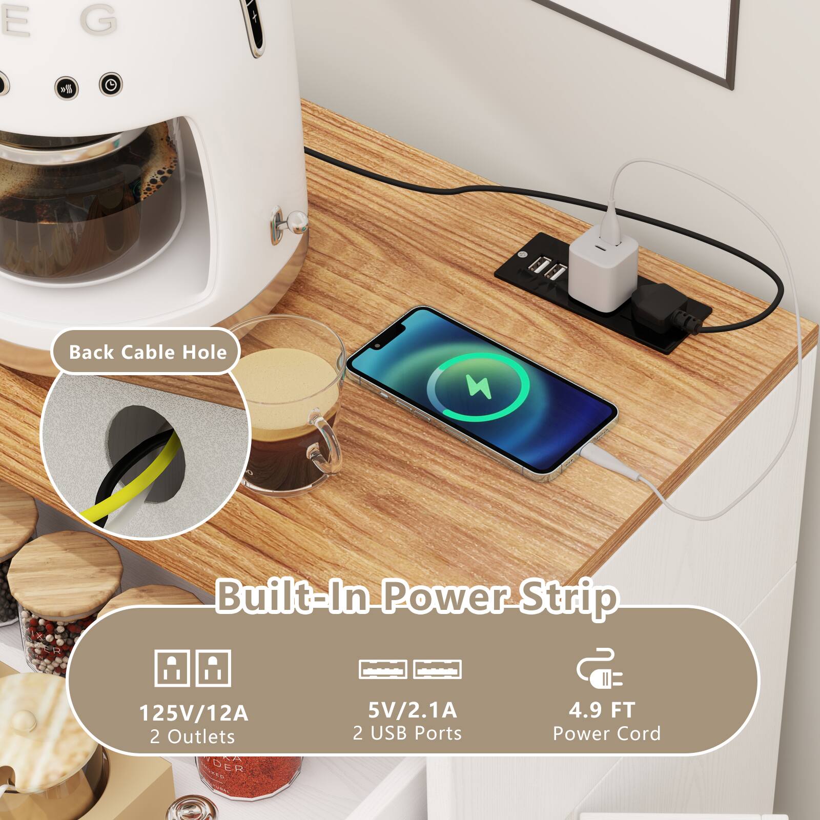 Back Cable Hole

Built-In Power Strip

125V/12A  
2 Outlets

5V/2.1A  
2 USB Ports

4.9 FT Power Cord