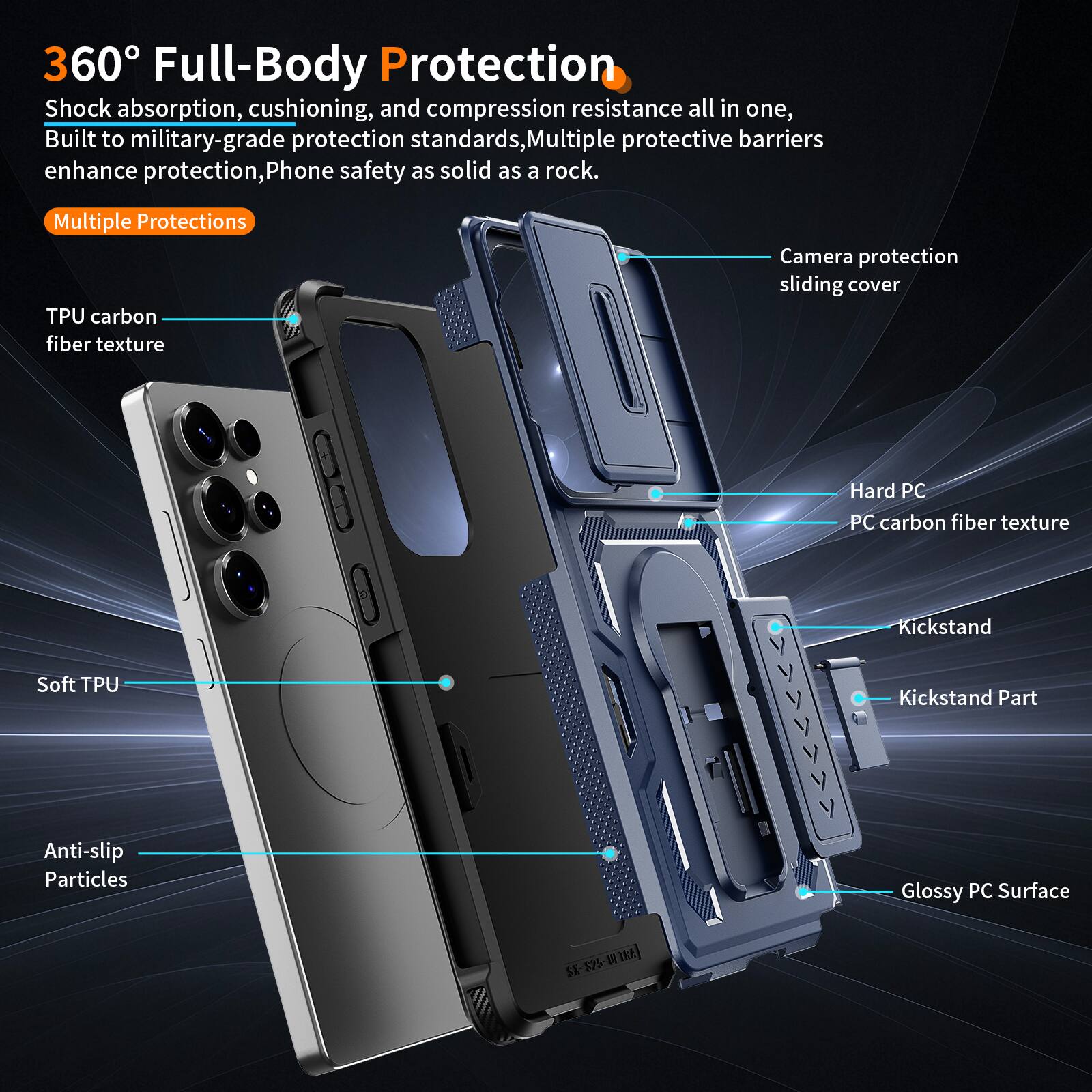 360° Full-Body Protection  
Shock absorption, cushioning, and compression resistance all in one, Built to military-grade protection standards, Multiple protective barriers enhance protection, Phone safety as solid as a rock.  
Multiple Protections  
TPU carbon fiber texture  
Camera protection sliding cover  
Soft TPU  
Anti-slip Particles  
Hard PC  
PC carbon fiber texture  
Kickstand  
Kickstand Part  
Glossy PC Surface  
I2L $X-575-101 ST 575