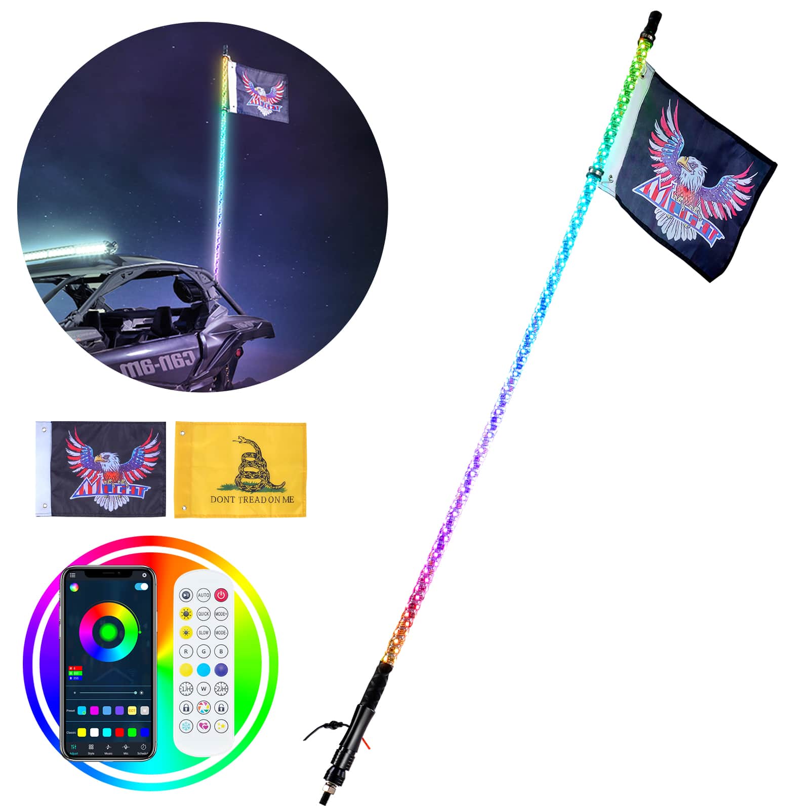 VEVOR- 1 PC 5 FT Whip Light,APP & RF Remote Control Led Whip Light,Waterproof 360°Spiral RGB Chasing Lighted Whips with 2 Flags- White