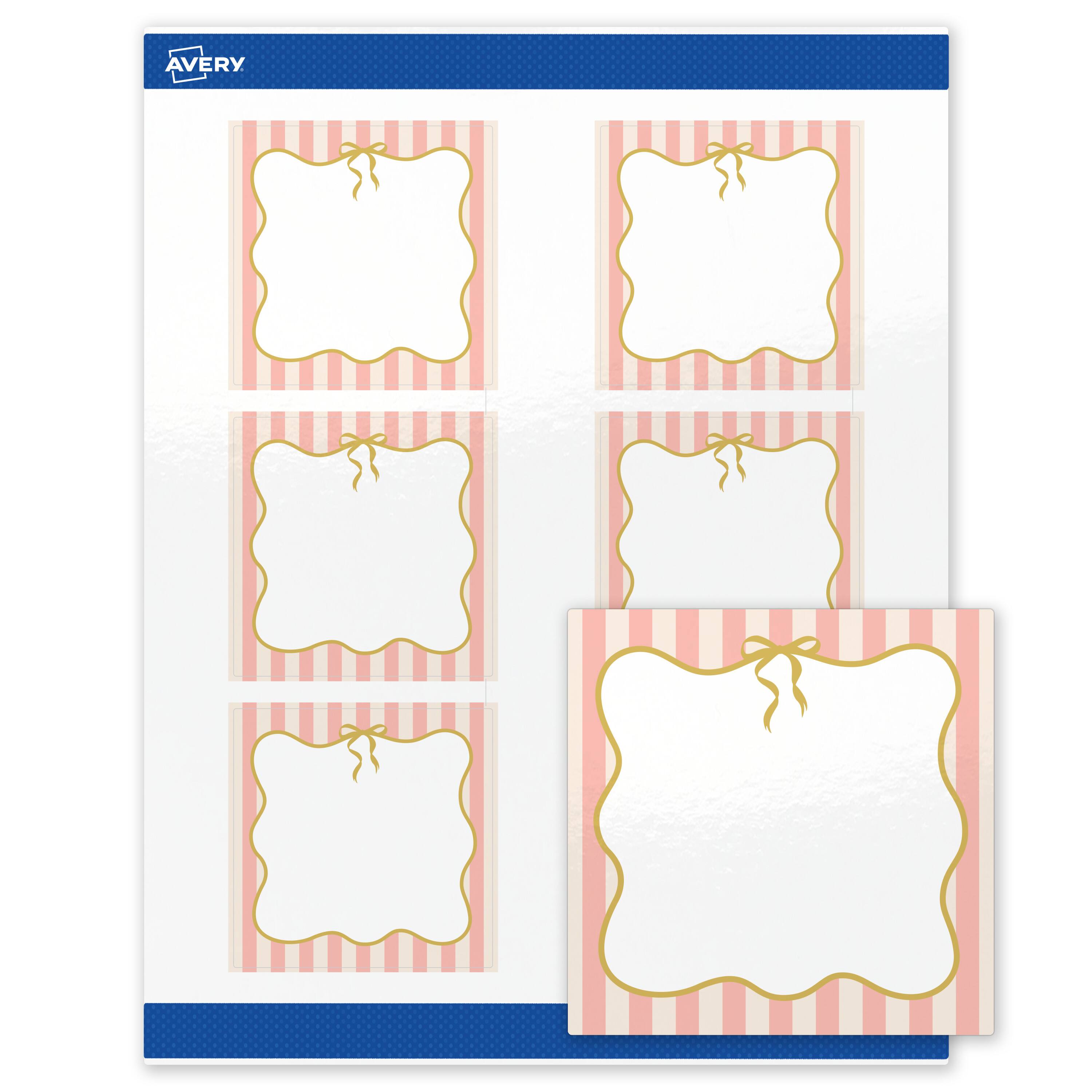 Front. Avery - Avery Labels, 3" x 3", Glossy White, Pink Stripes/Gold Bow - White.