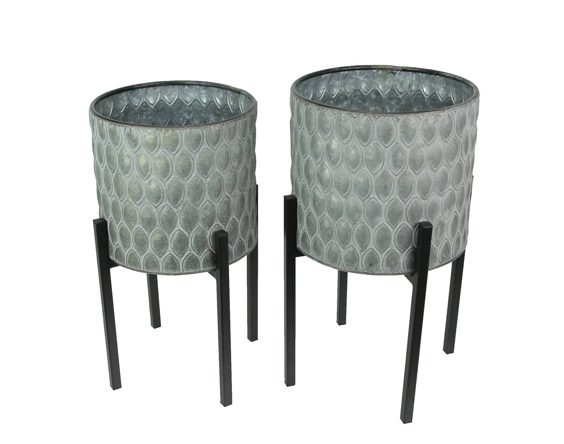 Napco - Set of 2 Galvanized Zinc Finish Leaf Pattern Stamped Metal Planters With Wooden Stands - Gray price history on PriceWatchPro