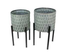 Napco - Set of 2 Galvanized Zinc Finish Leaf Pattern Stamped Metal Planters With Wooden Stands - Gray