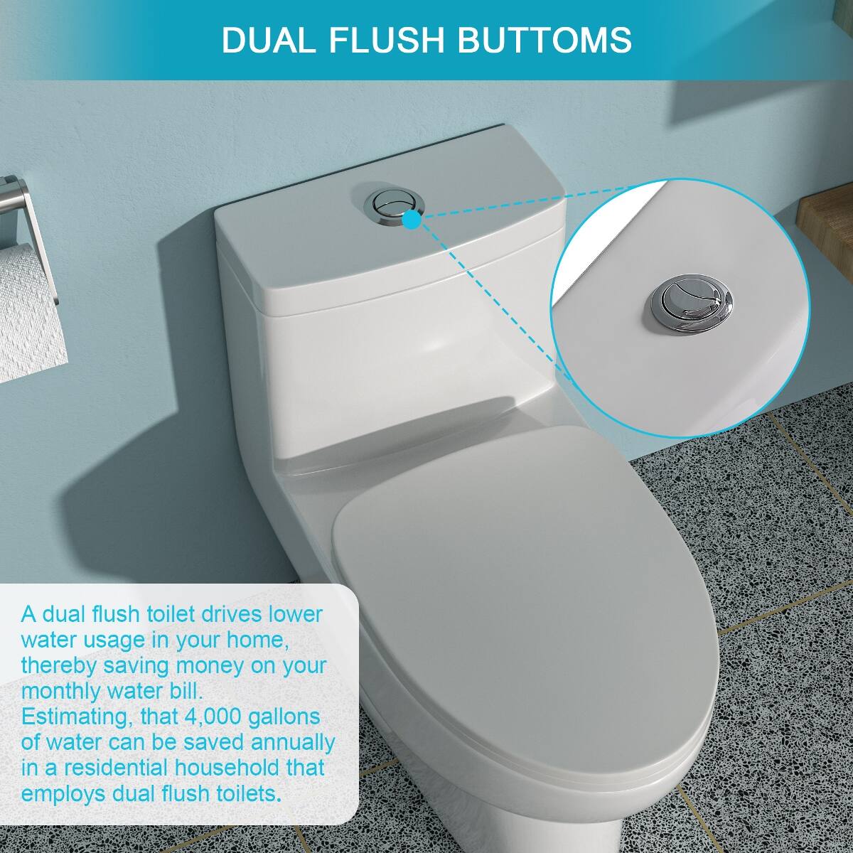 DUAL FLUSH BUTTONS

A dual flush toilet drives lower water usage in your home, thereby saving money on your monthly water bill. Estimating, that 4,000 gallons of water can be saved annually in a residential household that employs dual flush toilets.