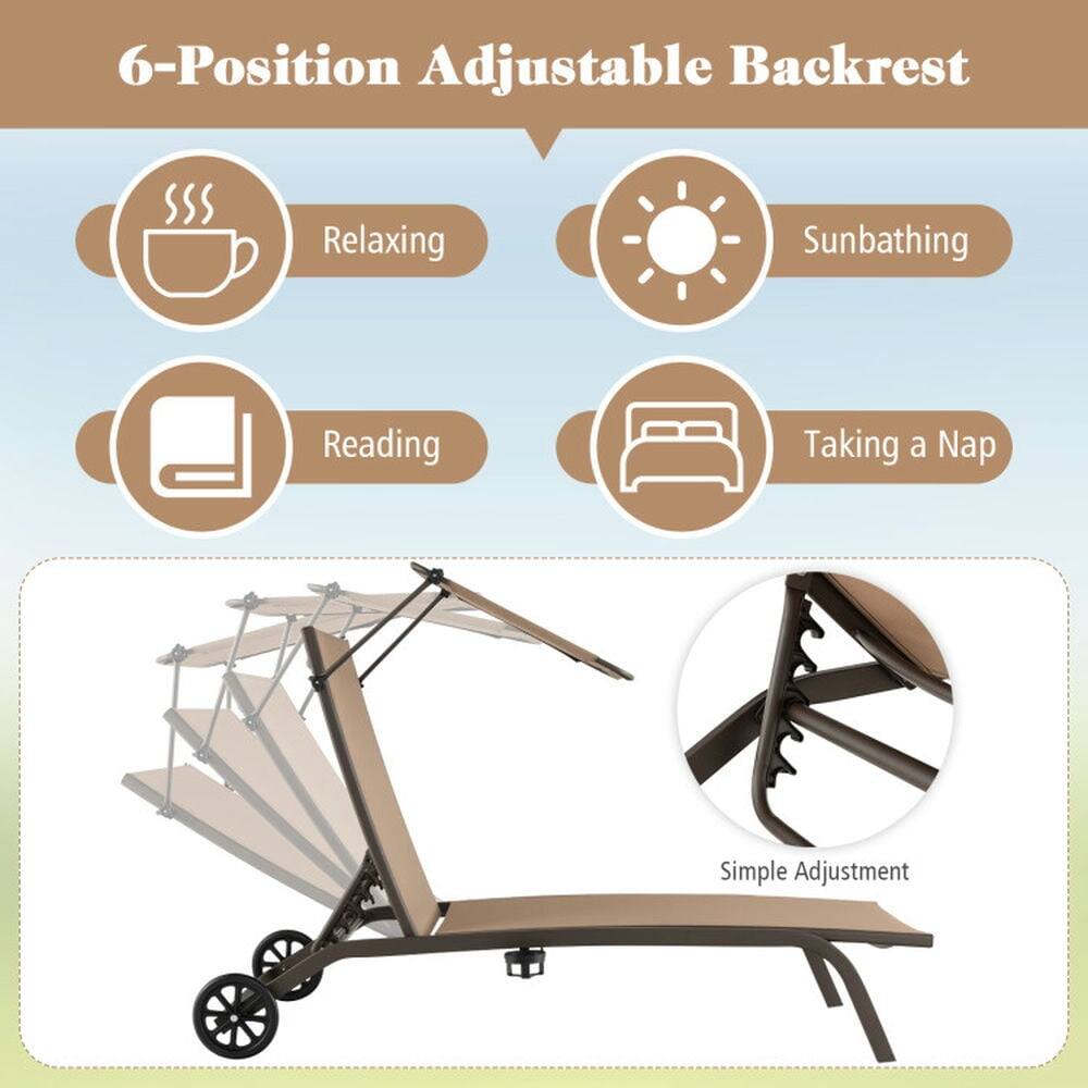 6-Position Adjustable Backrest

- Relaxing
- Sunbathing
- Reading
- Taking a Nap

Simple Adjustment