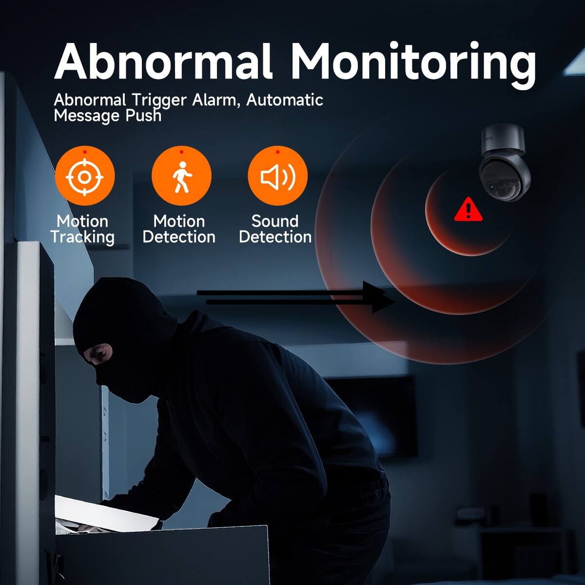 Abnormal Monitoring  
Abnormal Trigger Alarm, Automatic Message Push  

Motion Tracking  
Motion Detection  
Sound Detection